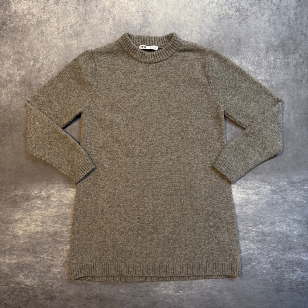 Zara Womens Gray Knit Crewneck Longline Tunic Sweater Size Medium